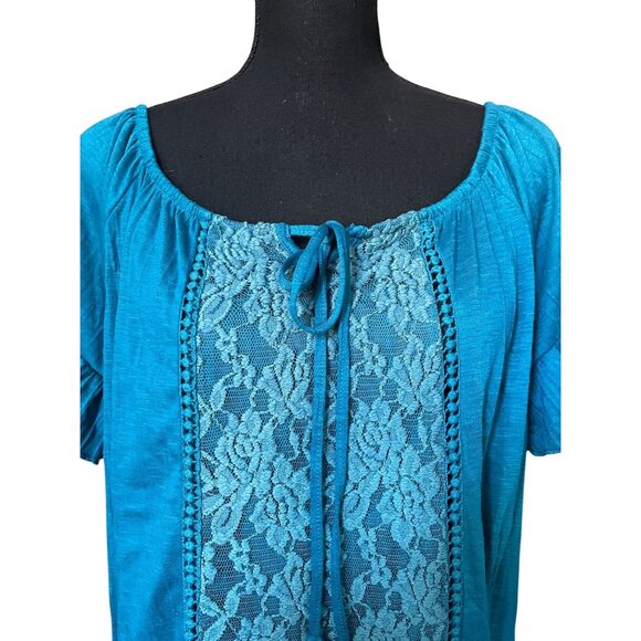 XXL boho lace accent teal short sleeve contrast tunio XXL elastic scoop neck - Picture 5 of 7